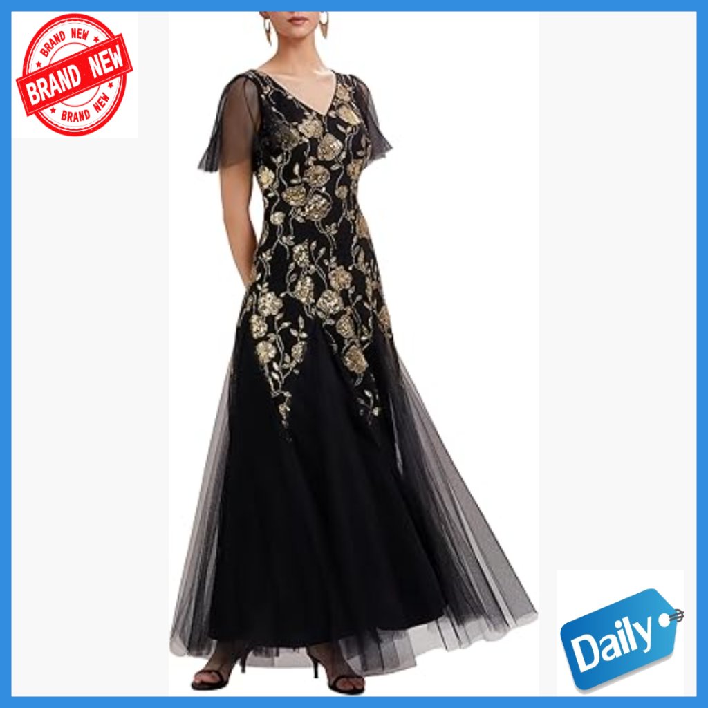 Floor Length Formal Dress With Sequin Embroidery Ruffle Sleeves V-Neck